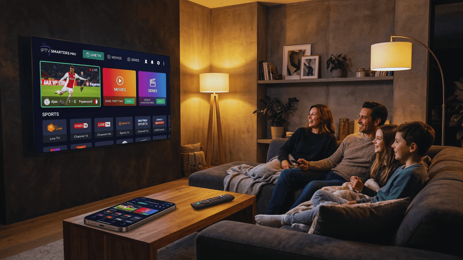 IPTV Smarters Pro app interface met live TV kanalen op meerdere apparaten
